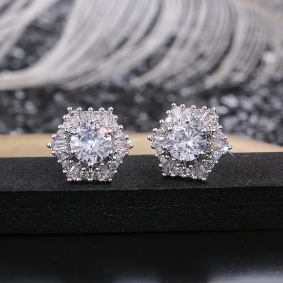 NEW 925 Sterling Silver Diamond Hexagon Earrings - Picture 2 of 7